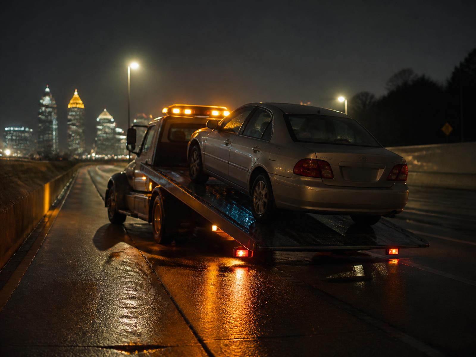Flatbed tow truck loading a sedan on an Atlanta interstate shoulder at night with the downtown skyline behind