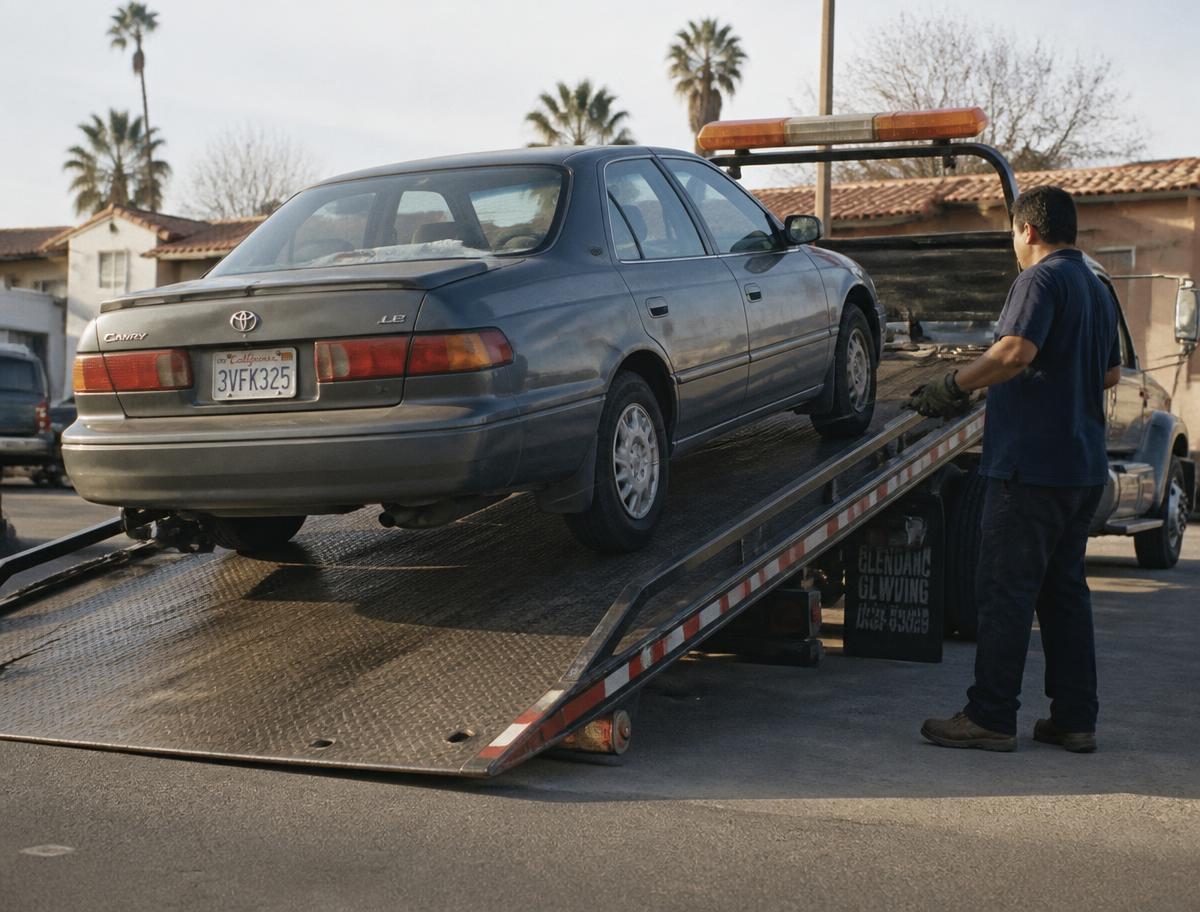 Sedan being winched onto the tilted deck of a flatbed tow truck