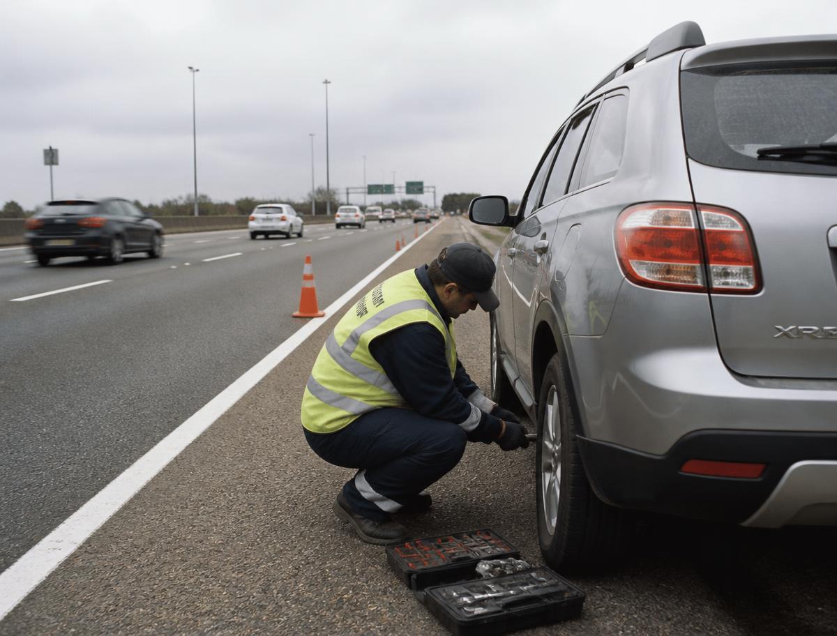 Roadside technician in a reflective vest working at a wheel on a highway shoulder behind traffic cones