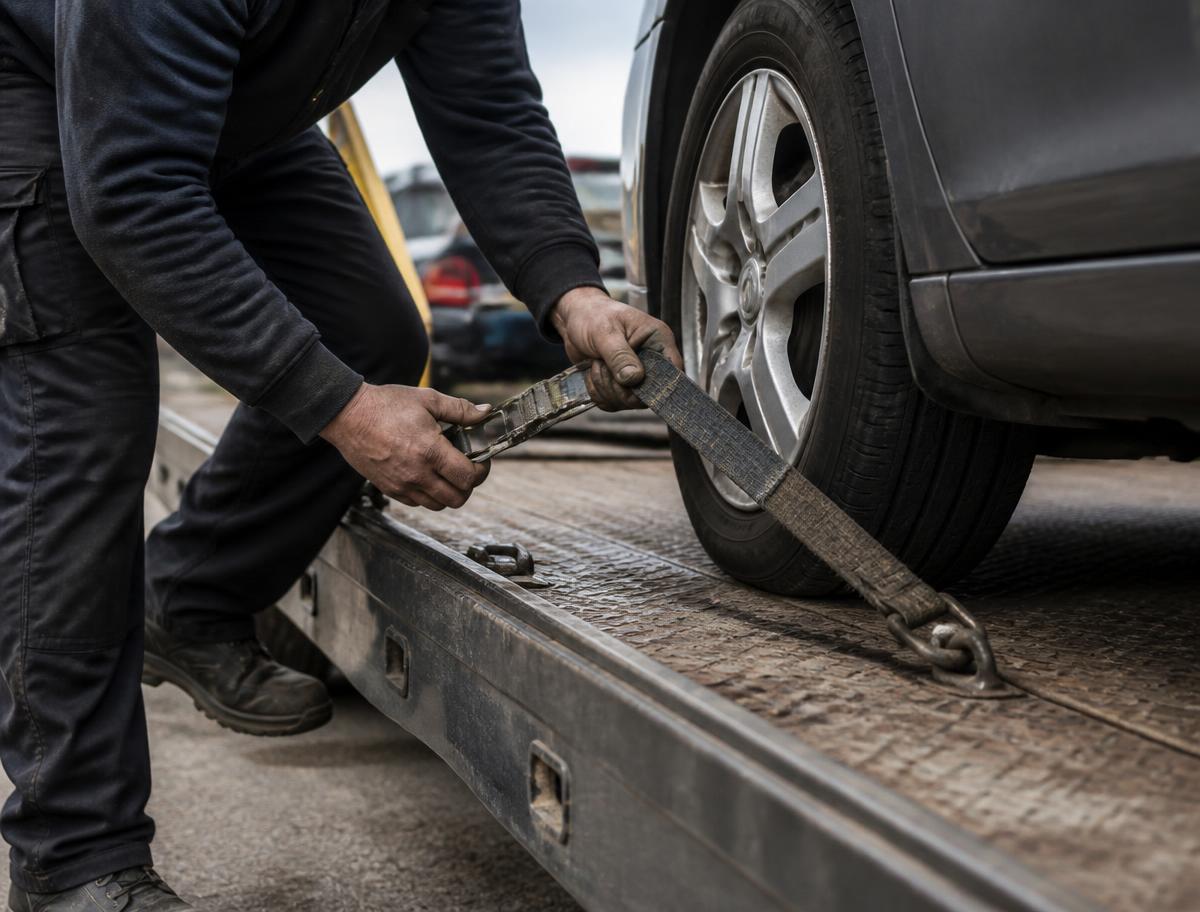 Tow operator securing a vehicle's wheel strap on a flatbed deck
